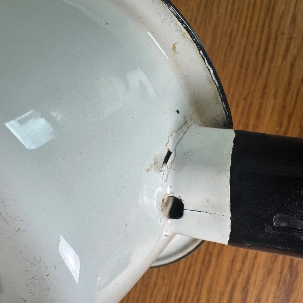 Vintage White Enamel Small‎ Saucepan Black Trim Farmhouse Decor